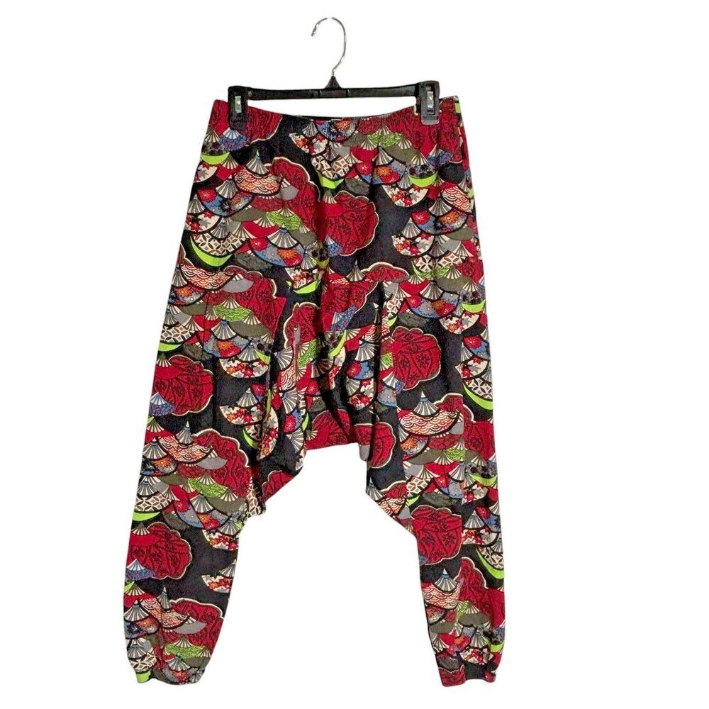 Womens Harem Drop-Crotch Japan Fan Print Pants Tag L/Fits M Harajuku Streetwear
